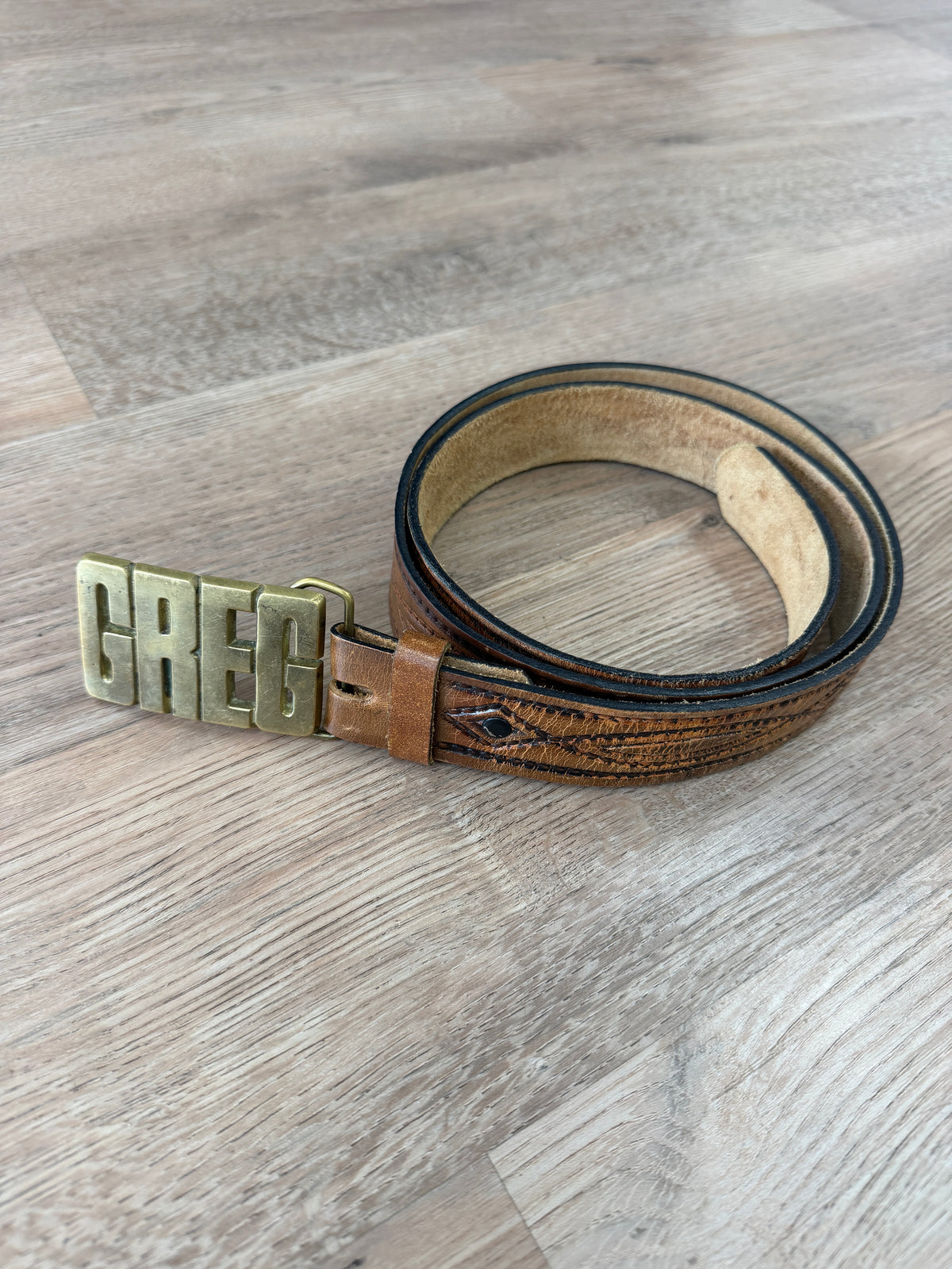 1970s Vintage Greg !! Brass Buckle on Leather Belt