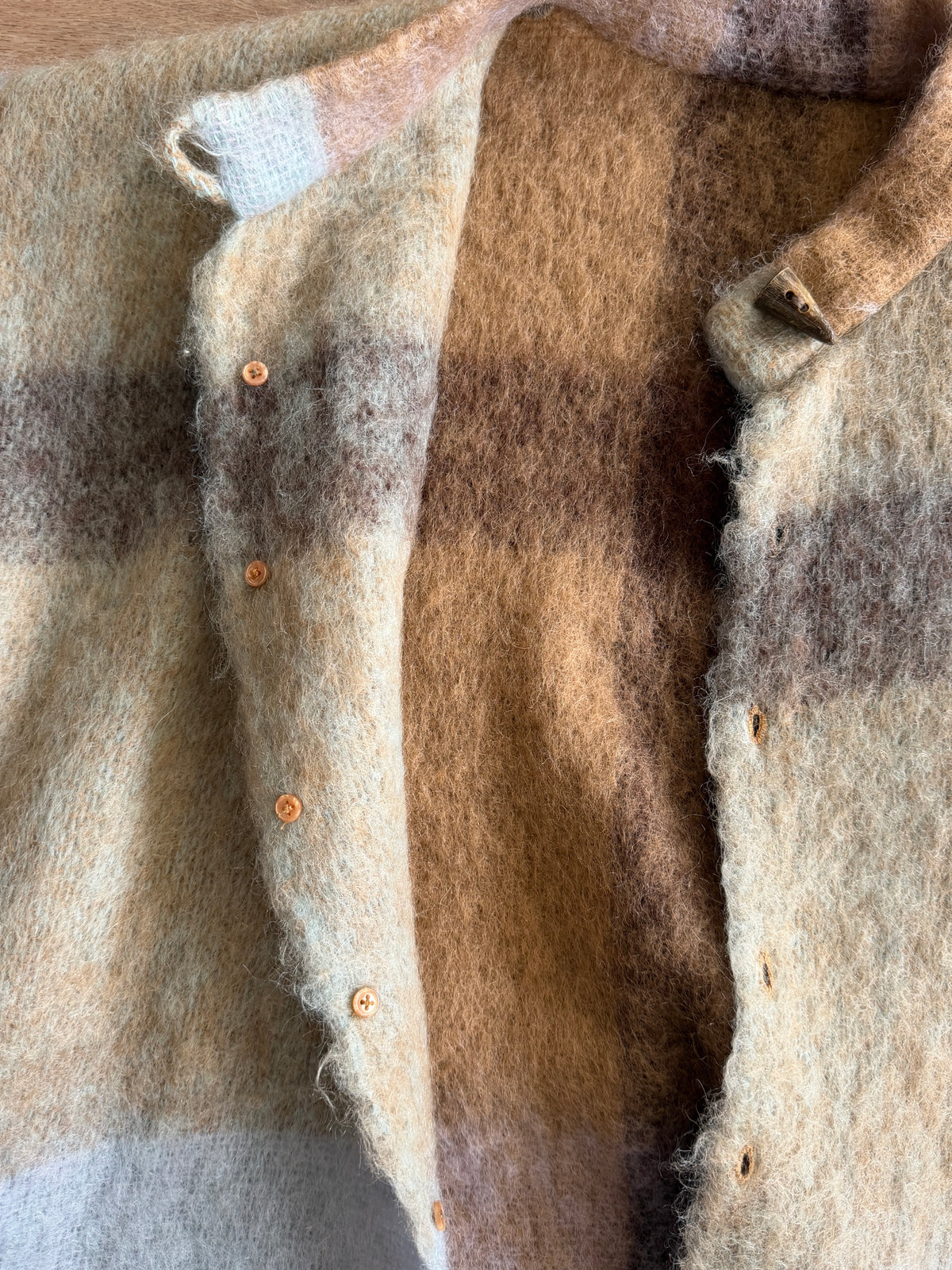 1970s - 80s Vintage Robins Egg Blue and Brown Mohair Blanket Coat