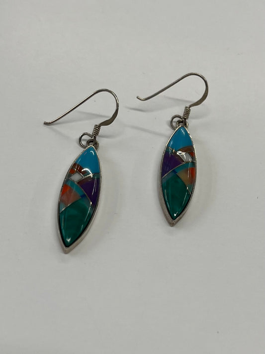 1990s Vintage Sterling Silver Stone Inlay Earrings