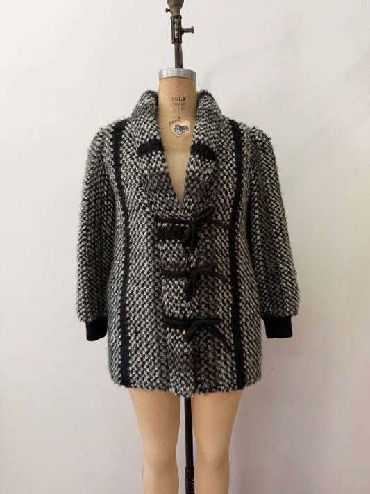 1980s Vintage Black & White Shaggy Knit Coat