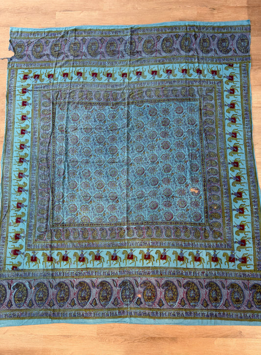 1970s Vintage Indian Cotton Hand Block Printed Uncut Fabric Yardage - Teal / Burgundy / Paisley / People / Horses Motifs -96" x 80" (#13)