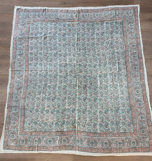 1970s Vintage Indian Cotton Hand Block Printed Uncut Fabric Yardage - Coral / Teal - 80" x 92" (#8)