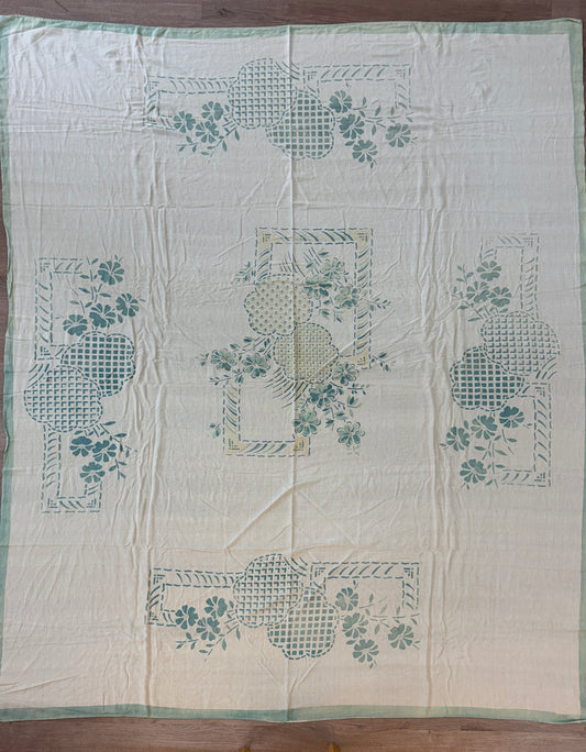1940s - 1950s Vintage Indian Cotton Hand Block Printed Uncut Fabric Yardage - Cream / Robin's Egg Blue / Abstract Basket Florals - 80” x 96" (#9)