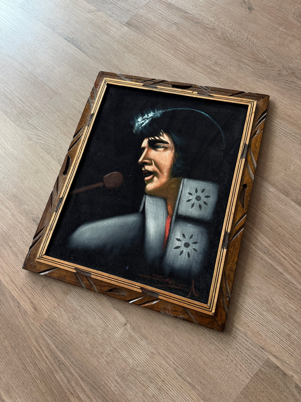 1970s Vintage Elvis The King White Suit Microphone Black Velvet Painting Handmade Signed Wall Art - 19" x 23"
