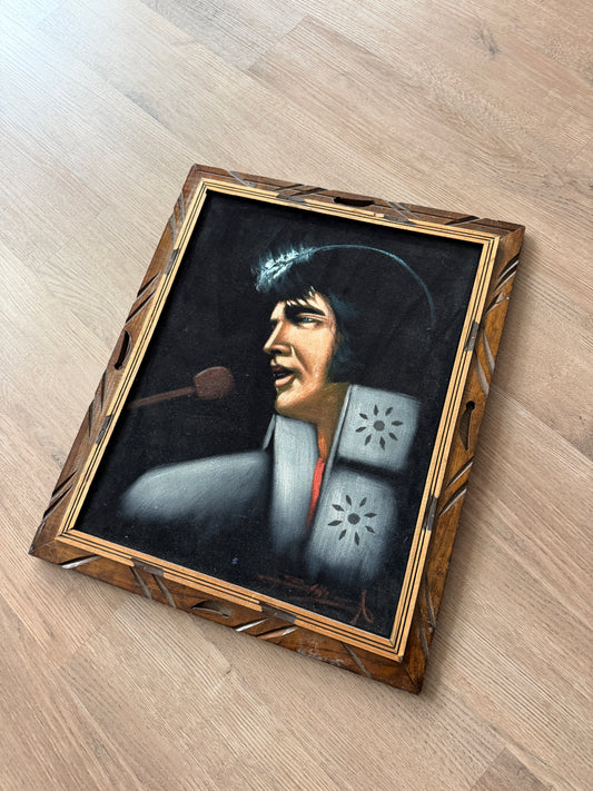 1970s Vintage Elvis The King White Suit Microphone Black Velvet Painting Handmade Signed Wall Art - 19" x 23"