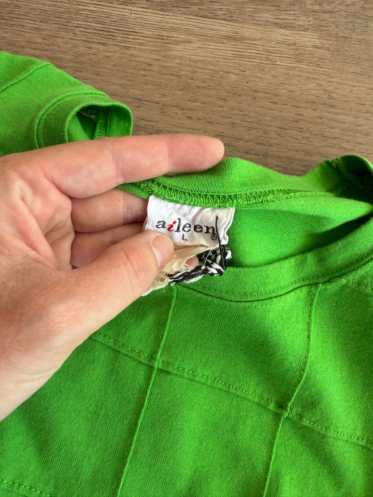 1990s Vintage Bright Green Square Patchwork Top Tee Shirt