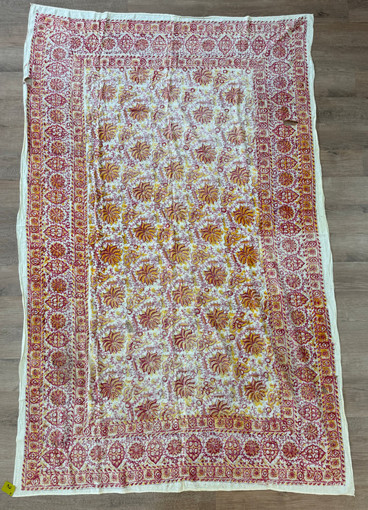 1970s Vintage Indian Cotton Hand Block Printed Uncut Fabric Yardage - Red / Pink / Yellow Lotus Flower - 64" x 100" (#2)