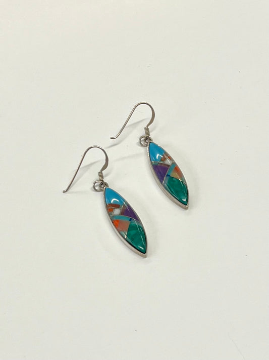 1990s Vintage Sterling Silver Stone Inlay Earrings