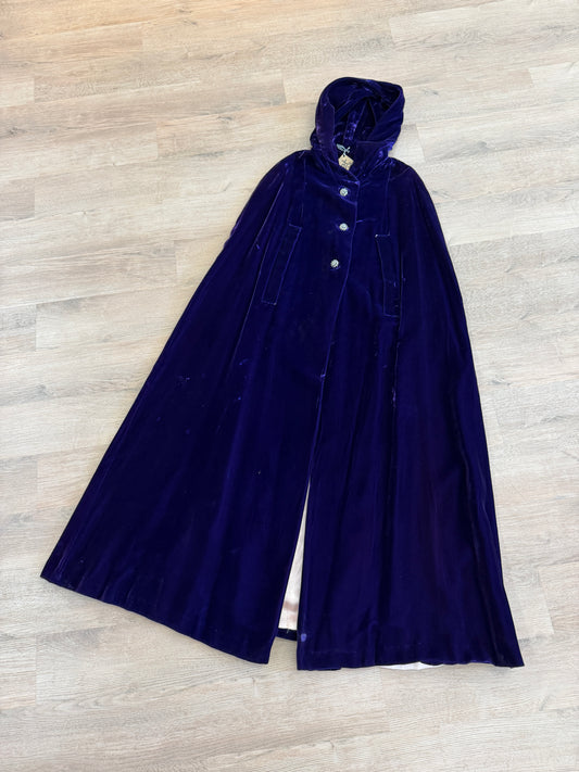1950s - 1960s Vintage Deep Purple Velvet with Rhinestone Buttons Full Length Cape Cloak with Hood