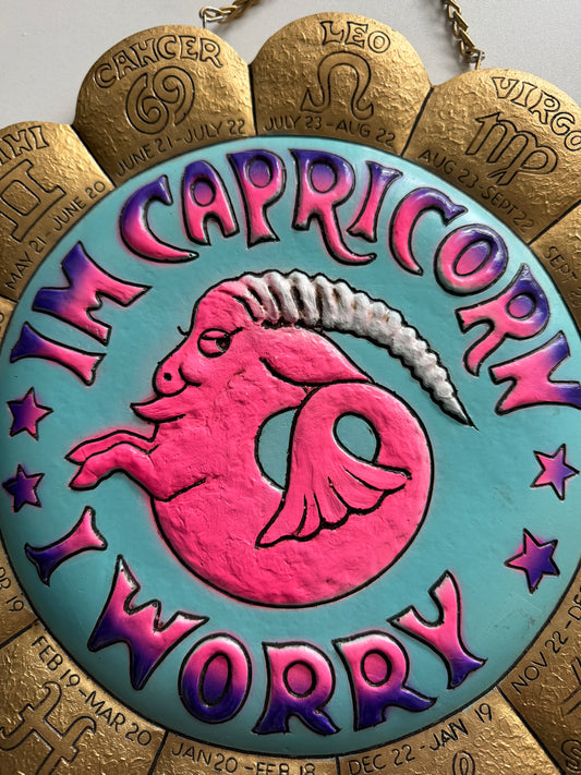 1970s Vintage I’m Capricorn, I Worry! Zodiac Medallion Wall Hanging