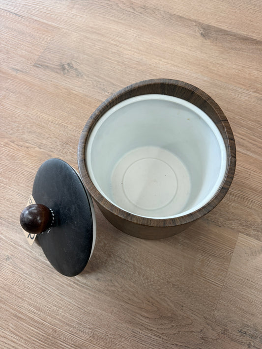 1970s Vintage Wood Look Vinyl Ice Bucket and Barware Set