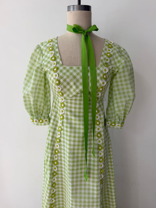 1970s Vintage Green Gingham Prairie Queen Maxi Dress