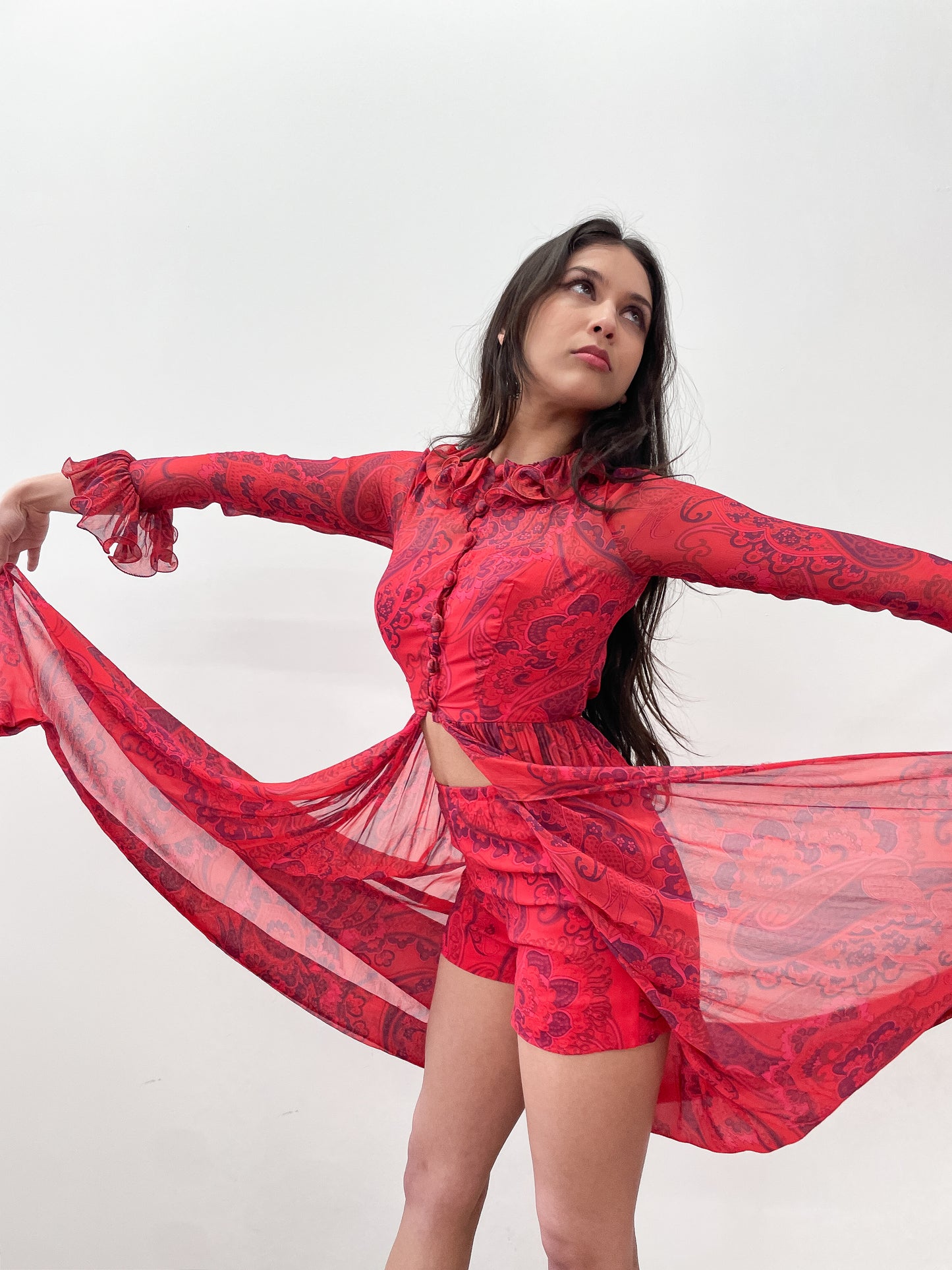 1970s Vintage Red and Purple Paisley Sheer Chiffon Dress & Hot Pants Outfit