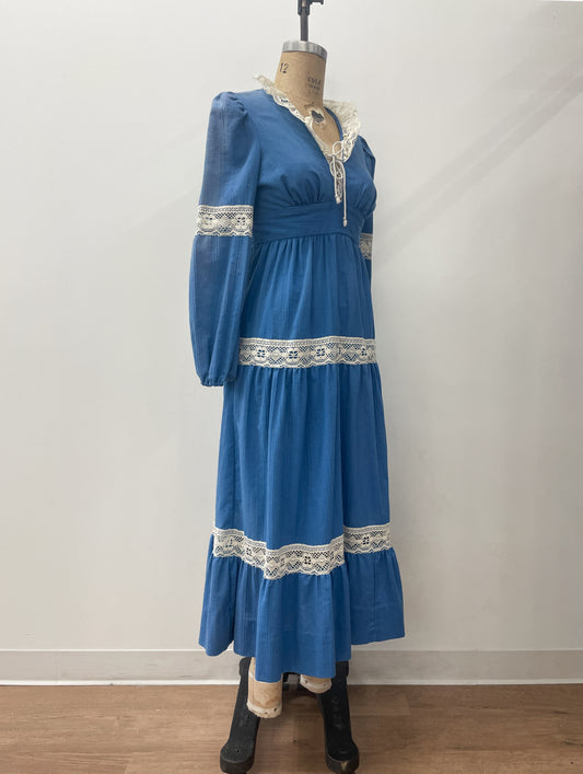 1970s Vintage Romantic Blue Prairie Maxi Dress
