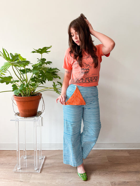 1960s Vintage Marimekko Suomi Finland Annika Rimala Tasarita Blue White Stripe Pants With Triangle Bib Closure