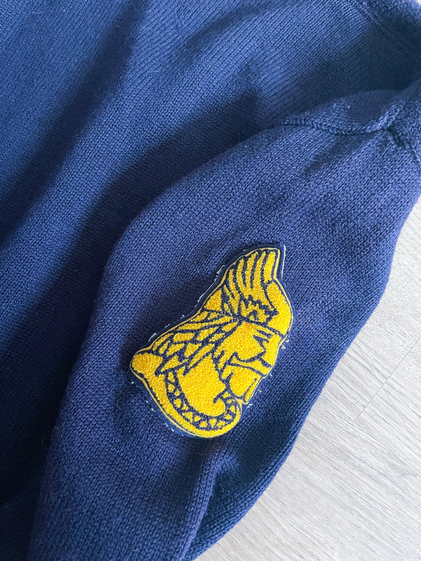 1950s Vintage Varsity Navy V-Neck Pullover Wool Gladiator 1958 Patch Sweater