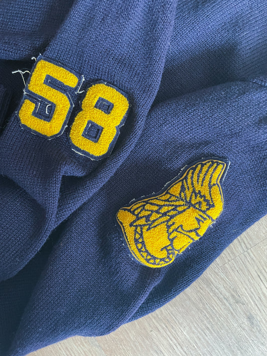 1950s Vintage Varsity Navy V-Neck Pullover Wool Gladiator 1958 Patch Sweater