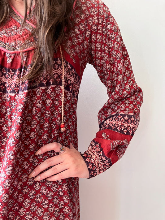 1970s Vintage Hand Block Printed Quilted Bib Indian Cotton Dress