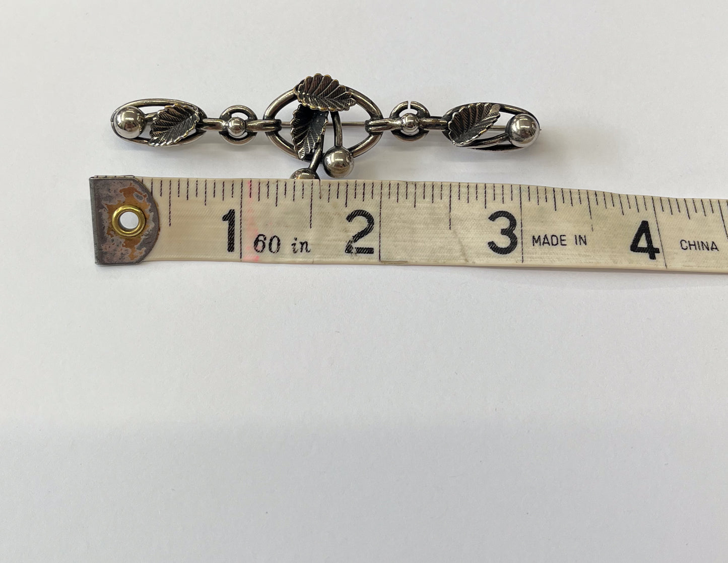 1940s - 1950s Vintage Sterling Silver Cherry Leaves Bar Brooch
