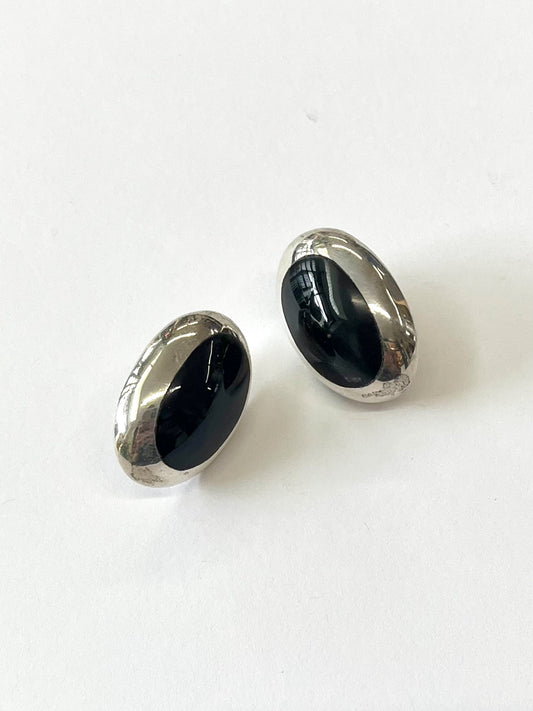 1980s Vintage Signed Sterling + Onyx Oval Stud Earrings - Taxco, Mexico