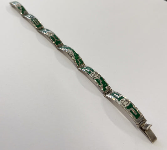 1980s Vintage Crushed Malchite Sterling Silver Mayan Mexico Panel Link Inlay Bracelet