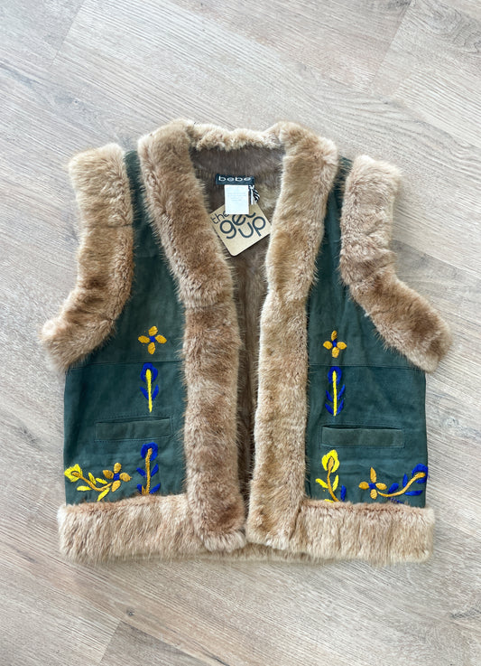 1990s Vintage Suede & Fur Embroidered Vest by Bebe Moda