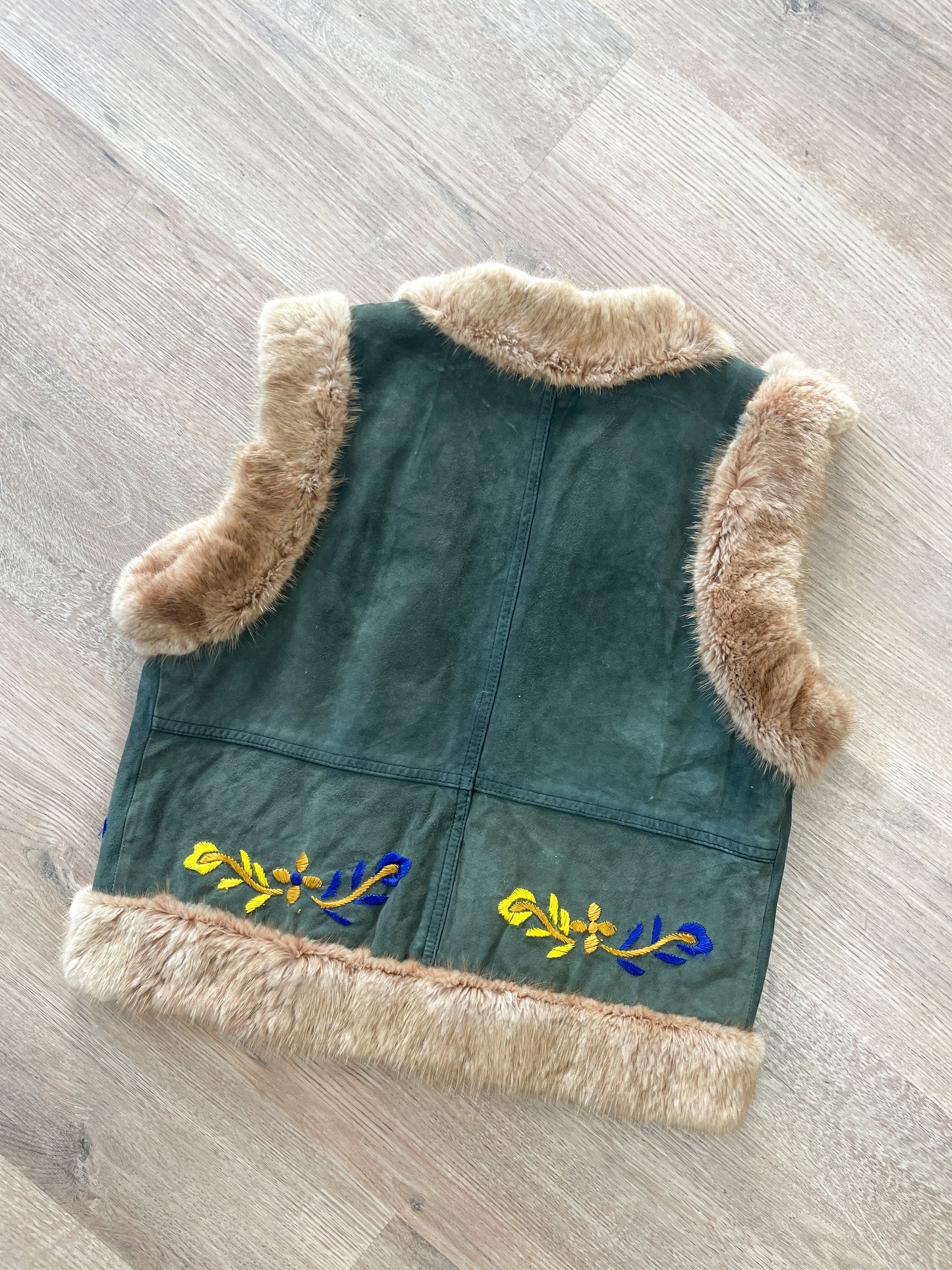 1990s Vintage Suede & Fur Embroidered Vest by Bebe Moda