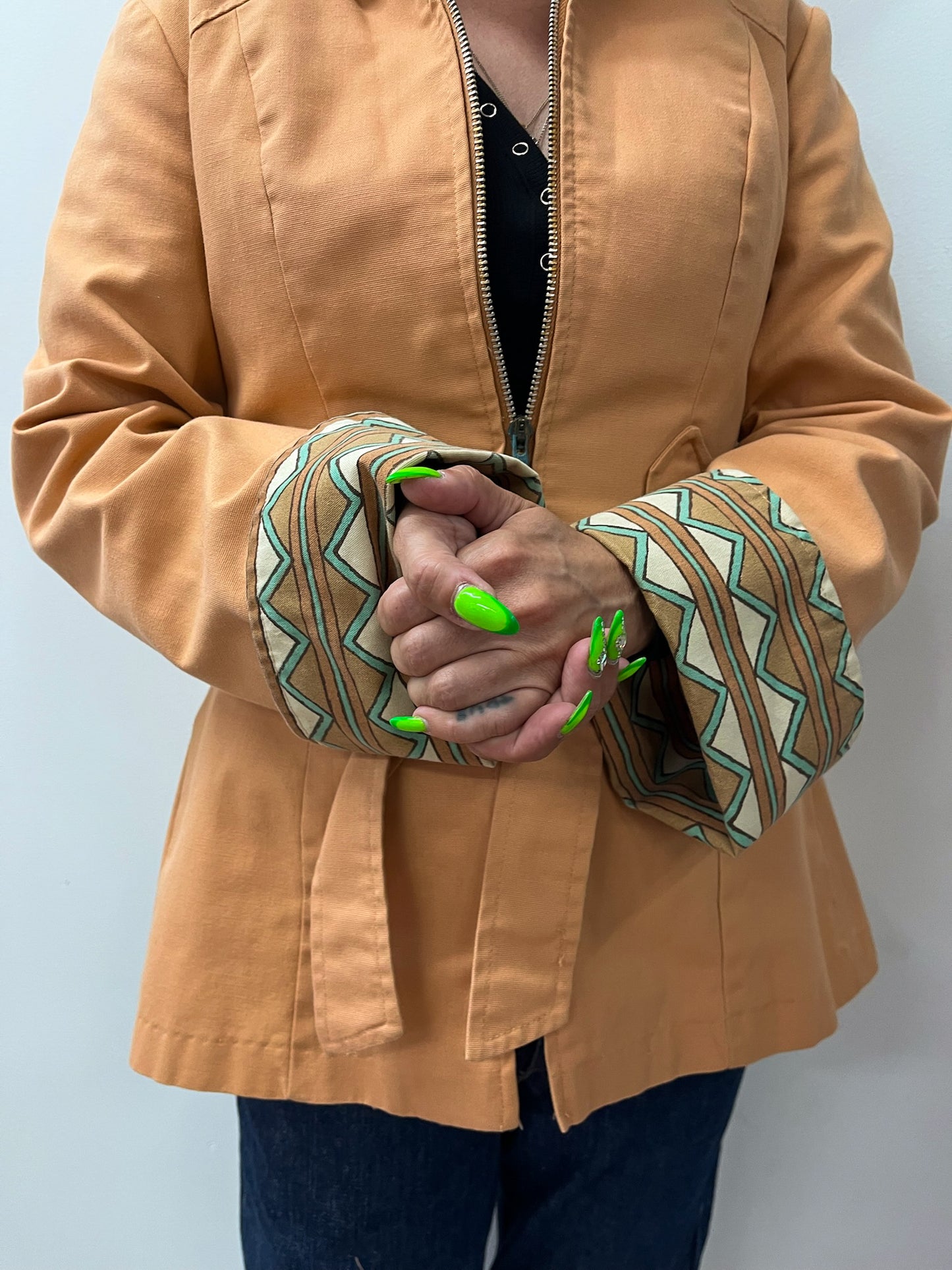 1970s Vintage Terracotta Chevron Western Style Hooded Jacket with Belt