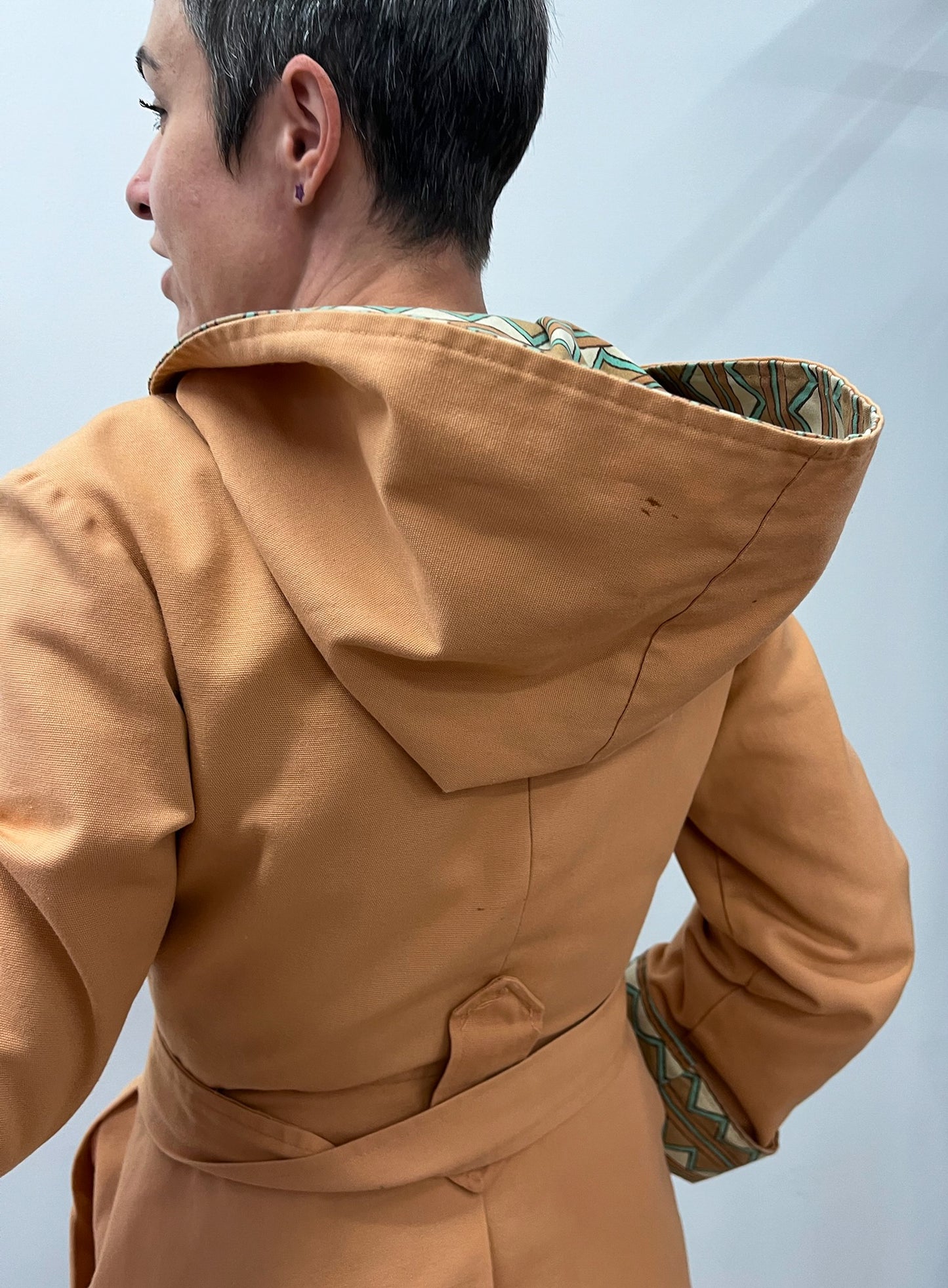 1970s Vintage Terracotta Chevron Western Style Hooded Jacket with Belt