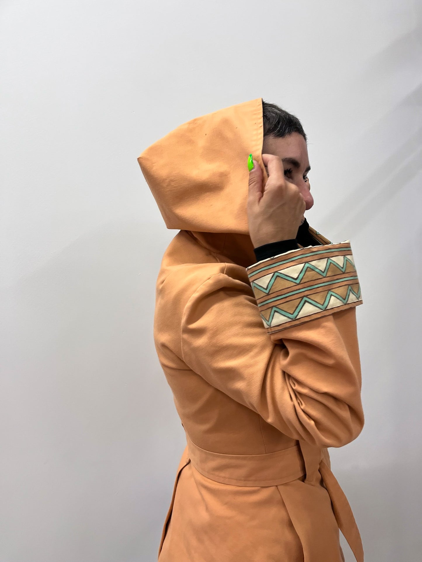 1970s Vintage Terracotta Chevron Western Style Hooded Jacket with Belt