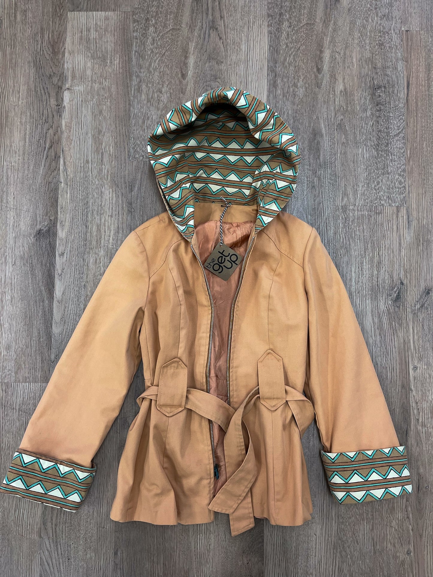 1970s Vintage Terracotta Chevron Western Style Hooded Jacket with Belt