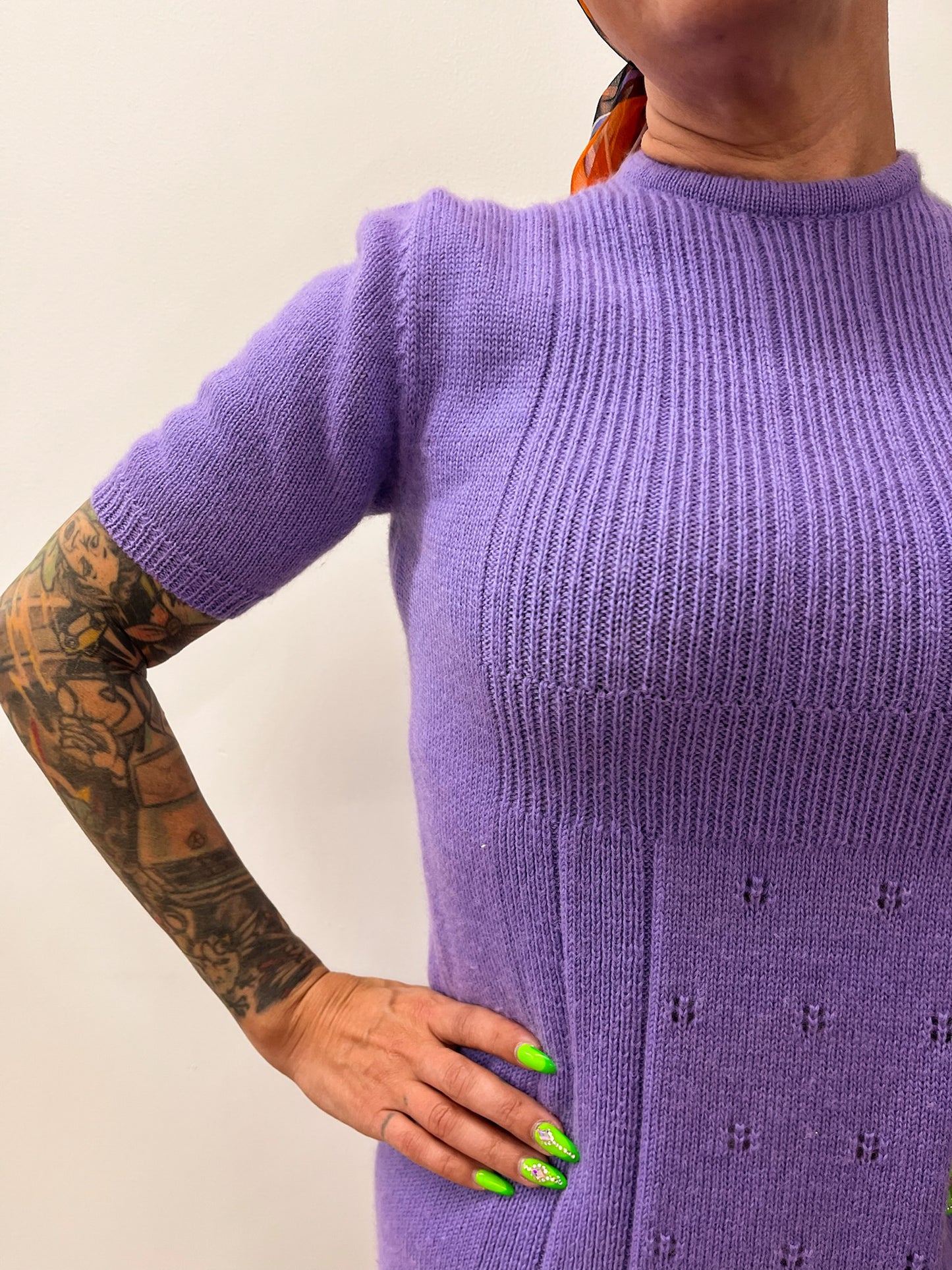 1970s Vintage Knit Lavender Purple Mini Dress