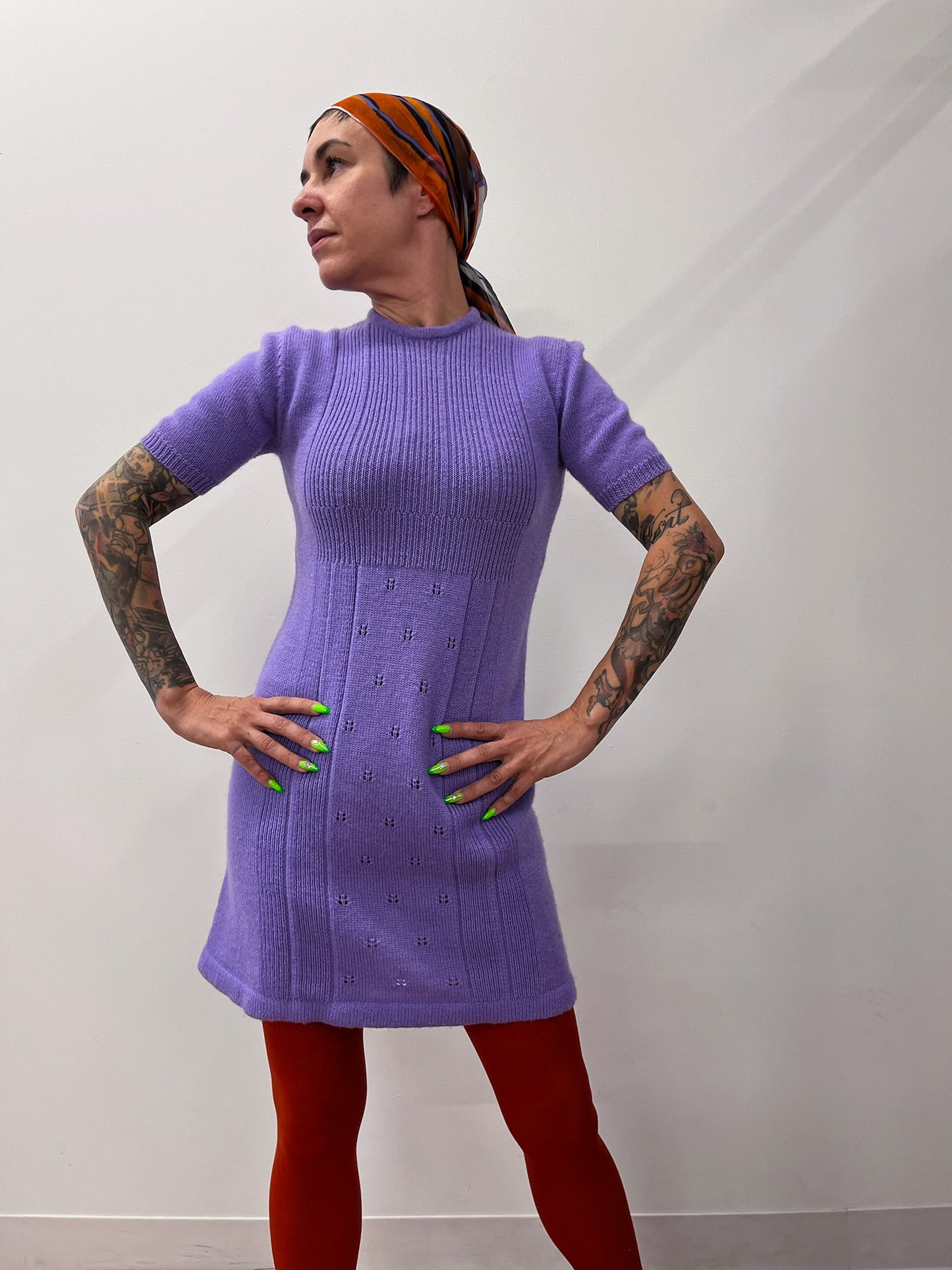 1970s Vintage Knit Lavender Purple Mini Dress