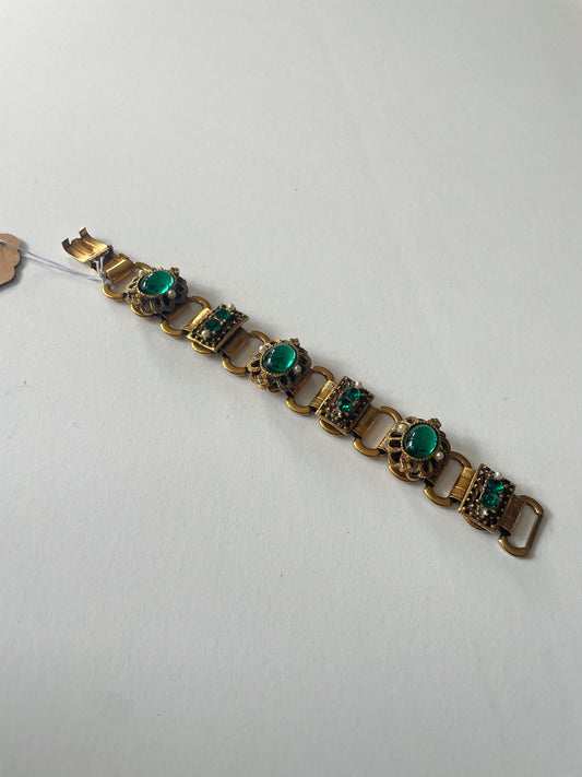 1950s Vintage Stunning Costume Bracelet with Green Rhinestones & Faux Pearls