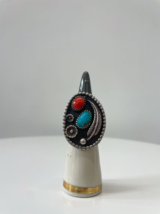 1970s Vintage Turquoise & Coral Flowers and Leaves Statement Ring Size 8