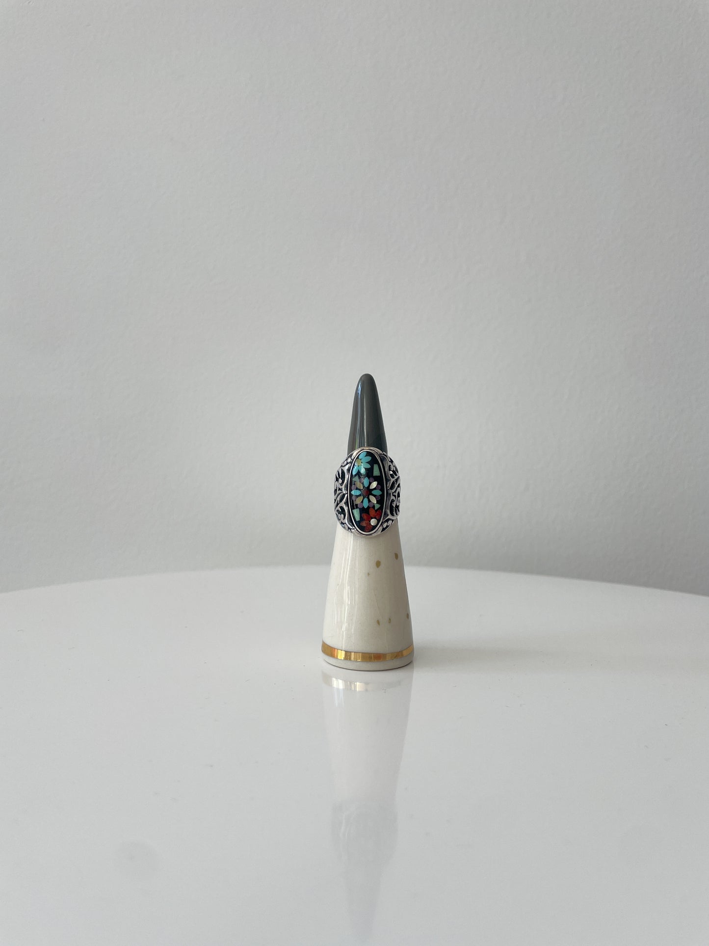 Mosaic Inlay Flower Turquoise Sterling Statement Ring by Carolyn Pollack Size 7.5