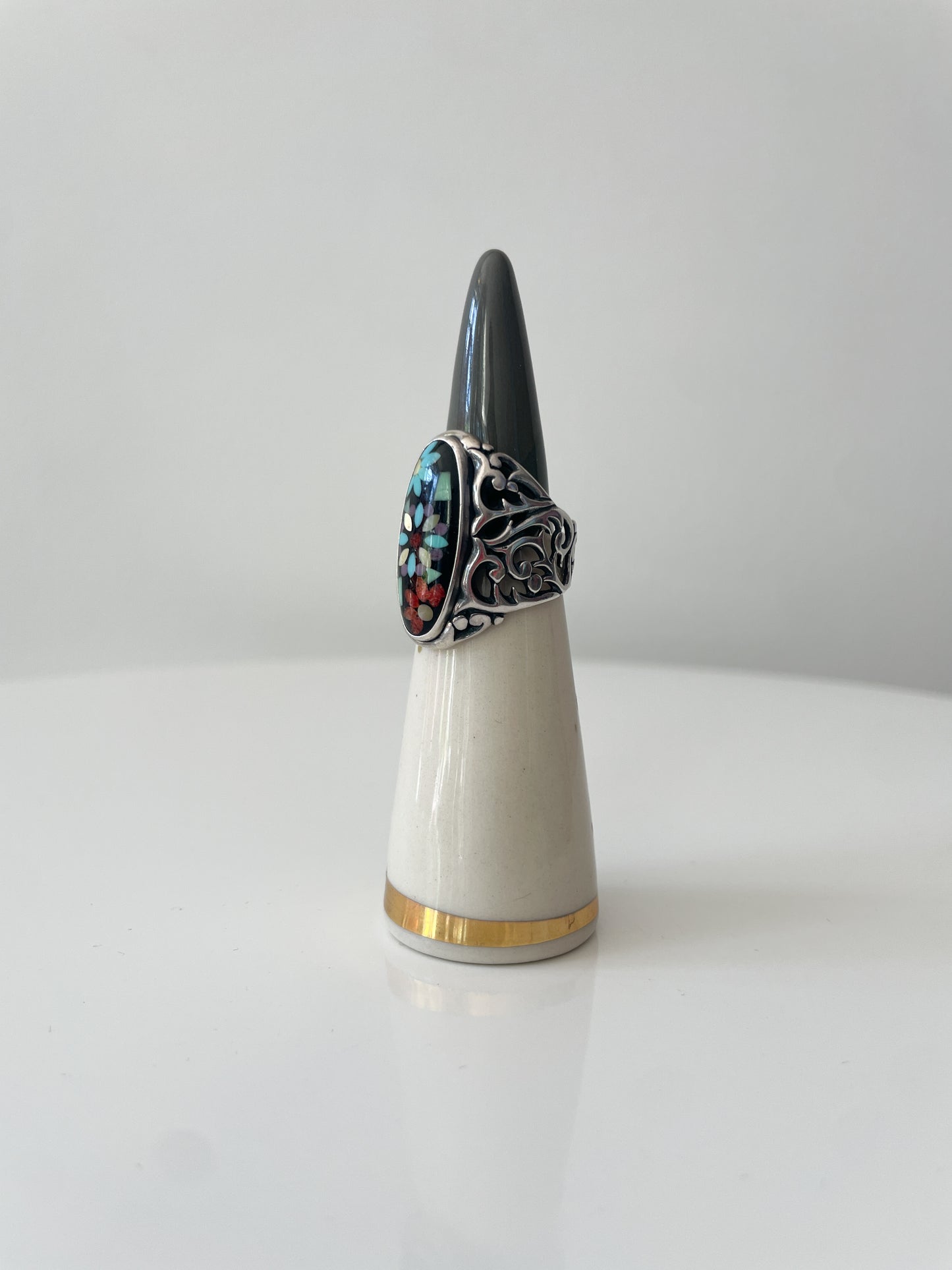 Mosaic Inlay Flower Turquoise Sterling Statement Ring by Carolyn Pollack Size 7.5