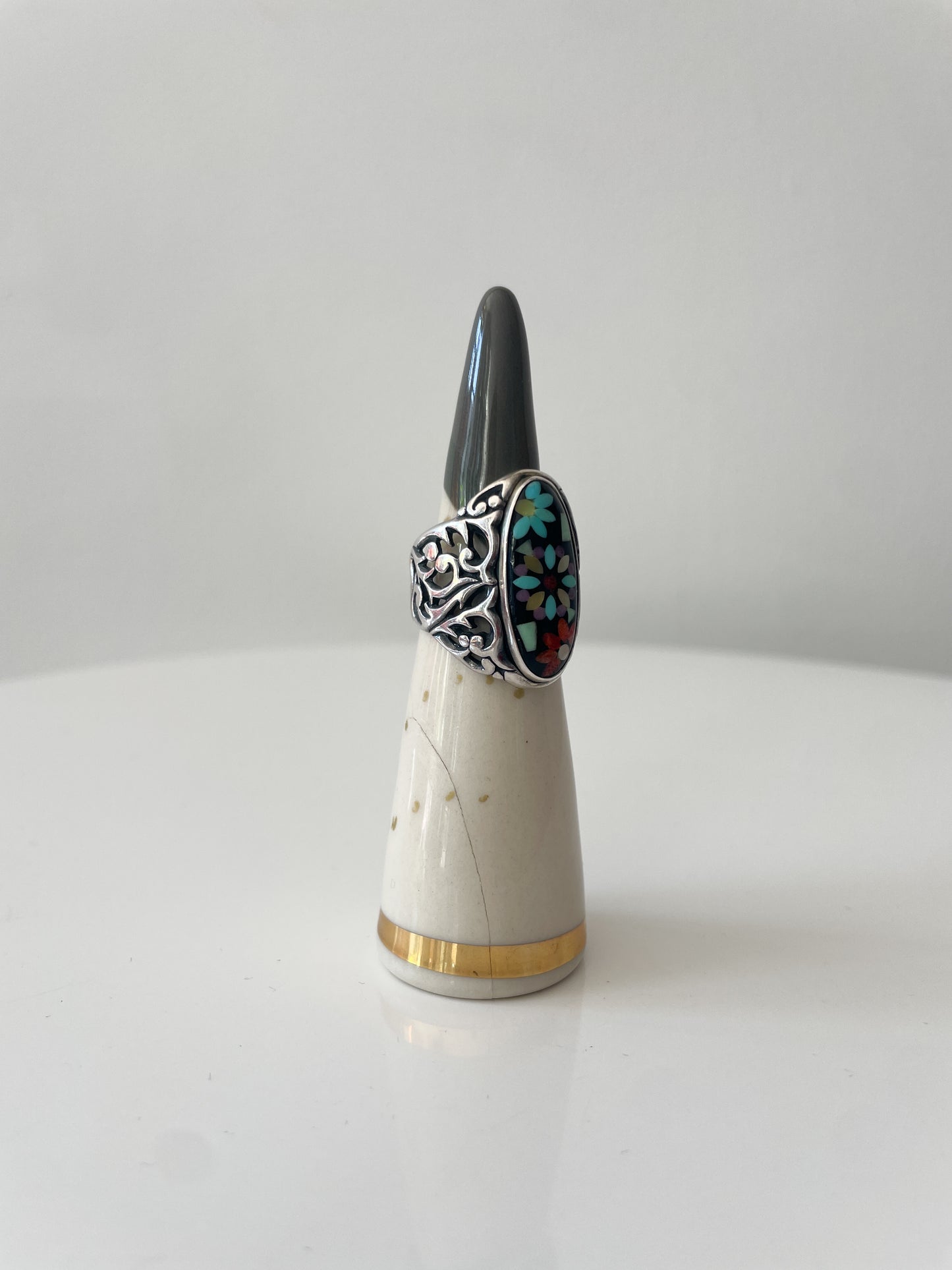 Mosaic Inlay Flower Turquoise Sterling Statement Ring by Carolyn Pollack Size 7.5