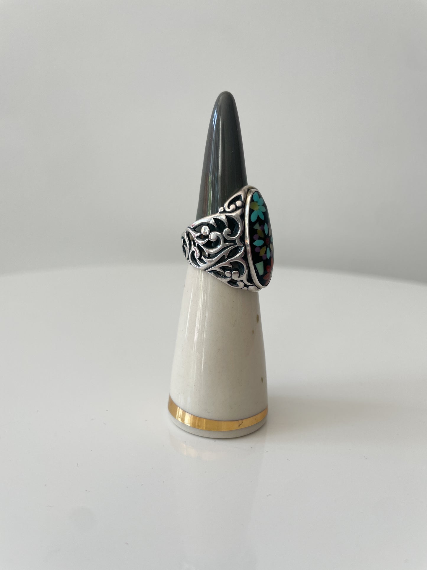 Mosaic Inlay Flower Turquoise Sterling Statement Ring by Carolyn Pollack Size 7.5
