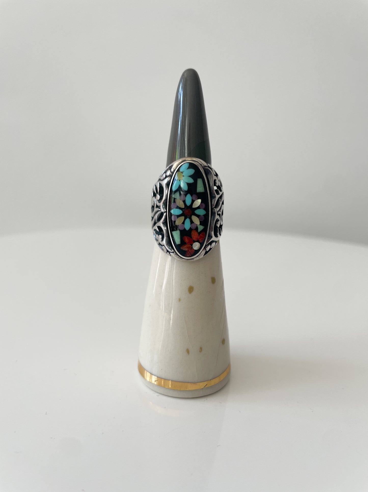 Mosaic Inlay Flower Turquoise Sterling Statement Ring by Carolyn Pollack Size 7.5