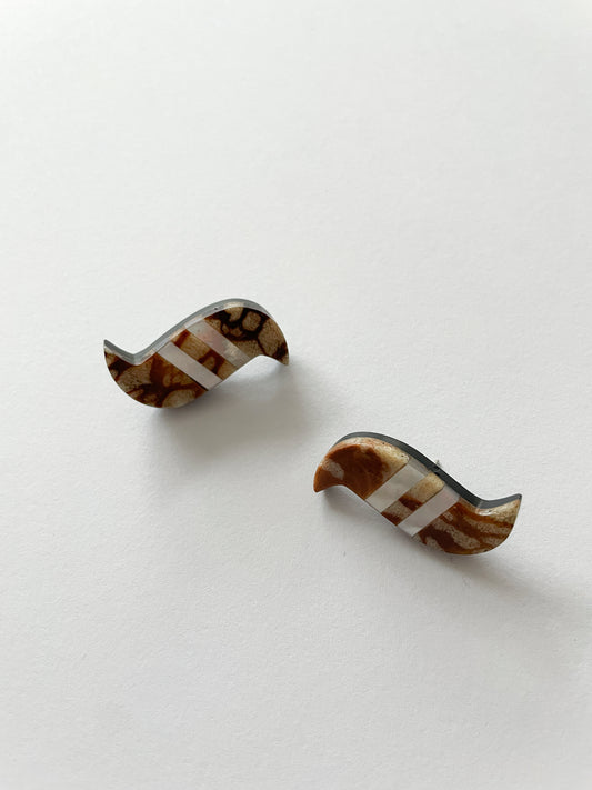 1980s Vintage Abstract Brown & Mother of Pearl Wing Shaped Earrings
