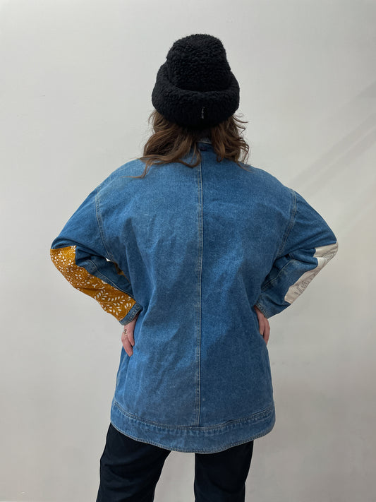1990s Vintage Wooden Toggle Denim Chore Coat Jacket With Vintage Fabric Patches