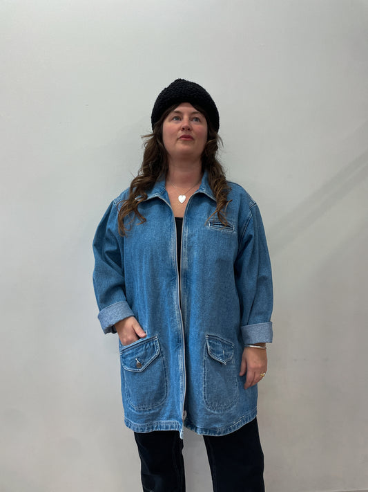 1990s Zip Front 100% Cotton Jean Chore Coat Jacket by Cherokee