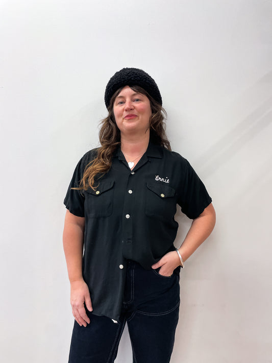 1950's Vintage Ernie's Bowling Shirt from Milo's Bar Black Button Down Rayon Shirt