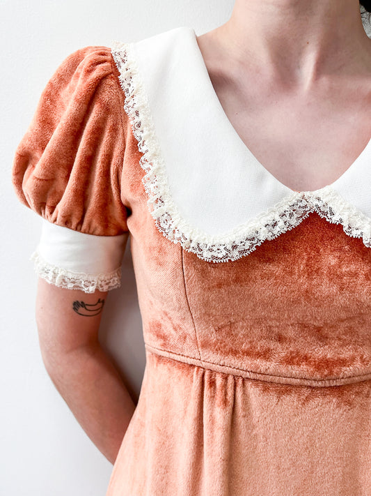 1970s Vintage Orange Velour Maxi Dress