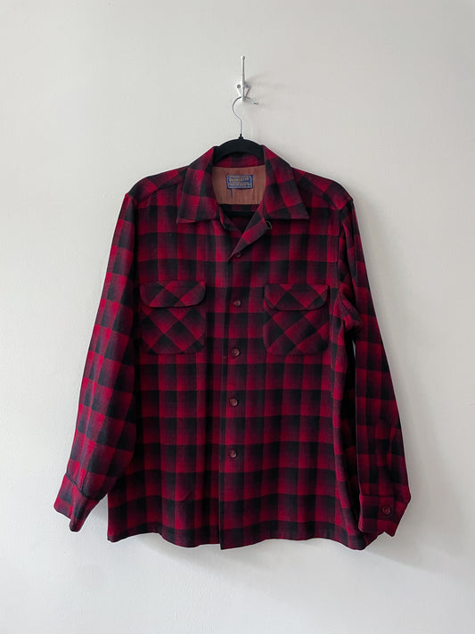 1950s Vintage Pendleton Red Shadow Plaid Flannel Button Down