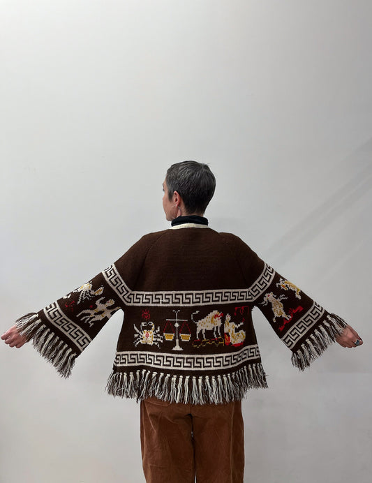 1970s Vintage Zodiac Astrology Knit Bell Sleeved Fringe Cardigan Sweater RARE!