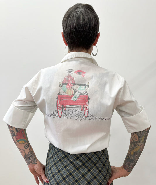 1950s Vintage Holiday Tree Carriage Ride Christmas Presents Novelty Sequin Blouse