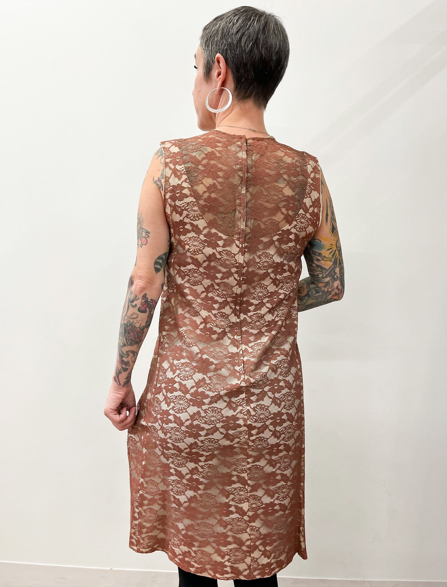 1960s Vintage Dusty Rose Lace Mod Shift Dress with Sequin Bib
