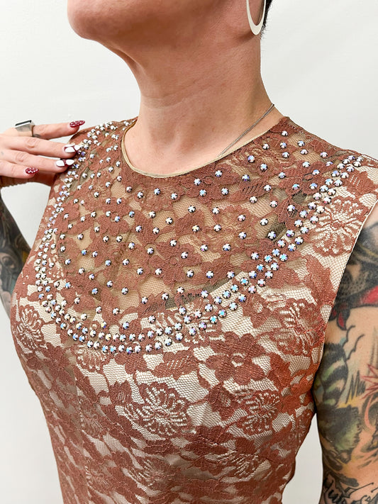 1960s Vintage Dusty Rose Lace Mod Shift Dress with Sequin Bib